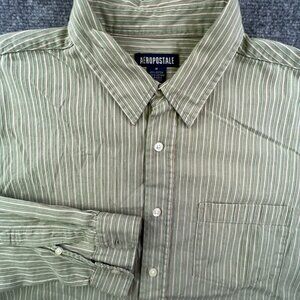 Aeropostale Mens Size Medium Button Up Shirt Green White Striped Long Sleeve